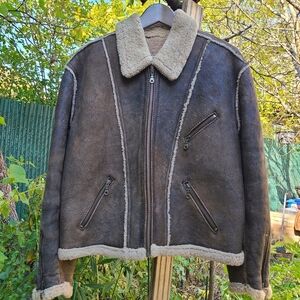 Real Sheepskin Shearling Bomber Jacket - Dark Brown Size L